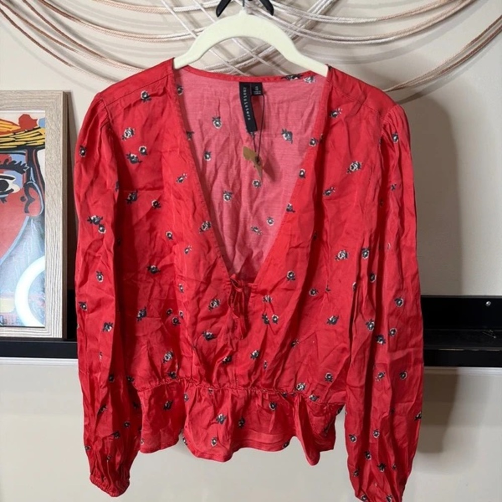 Red Floral V-Neck Peplum Blouse